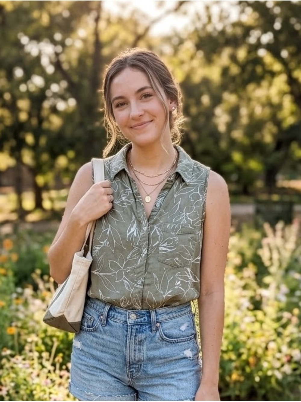 Sleeveless Olive Floral Button-Front Top